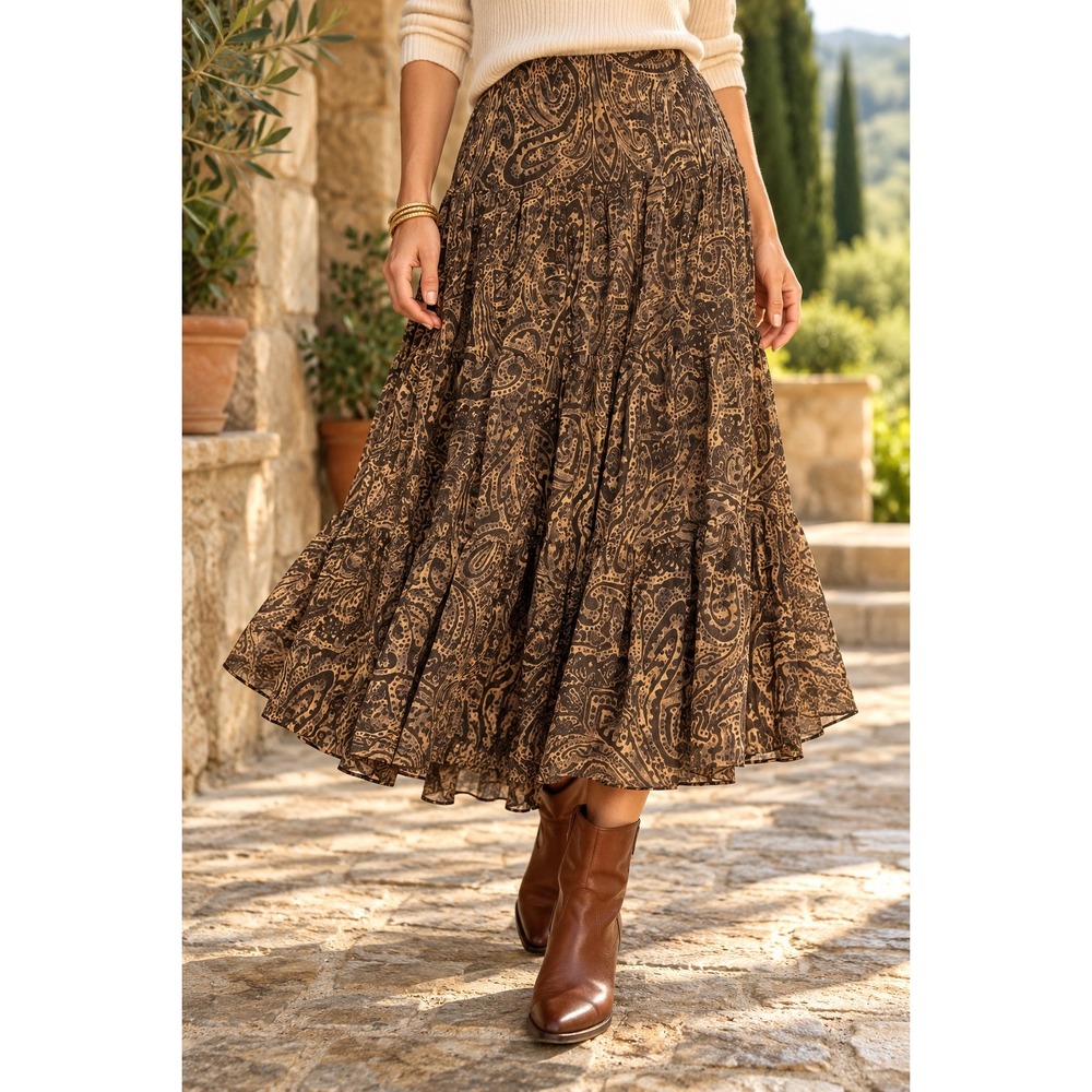 Lauren Ralph Lauren Silk Paisley Tiered Maxi Skirt Brown XL Classic Preppy Y2K